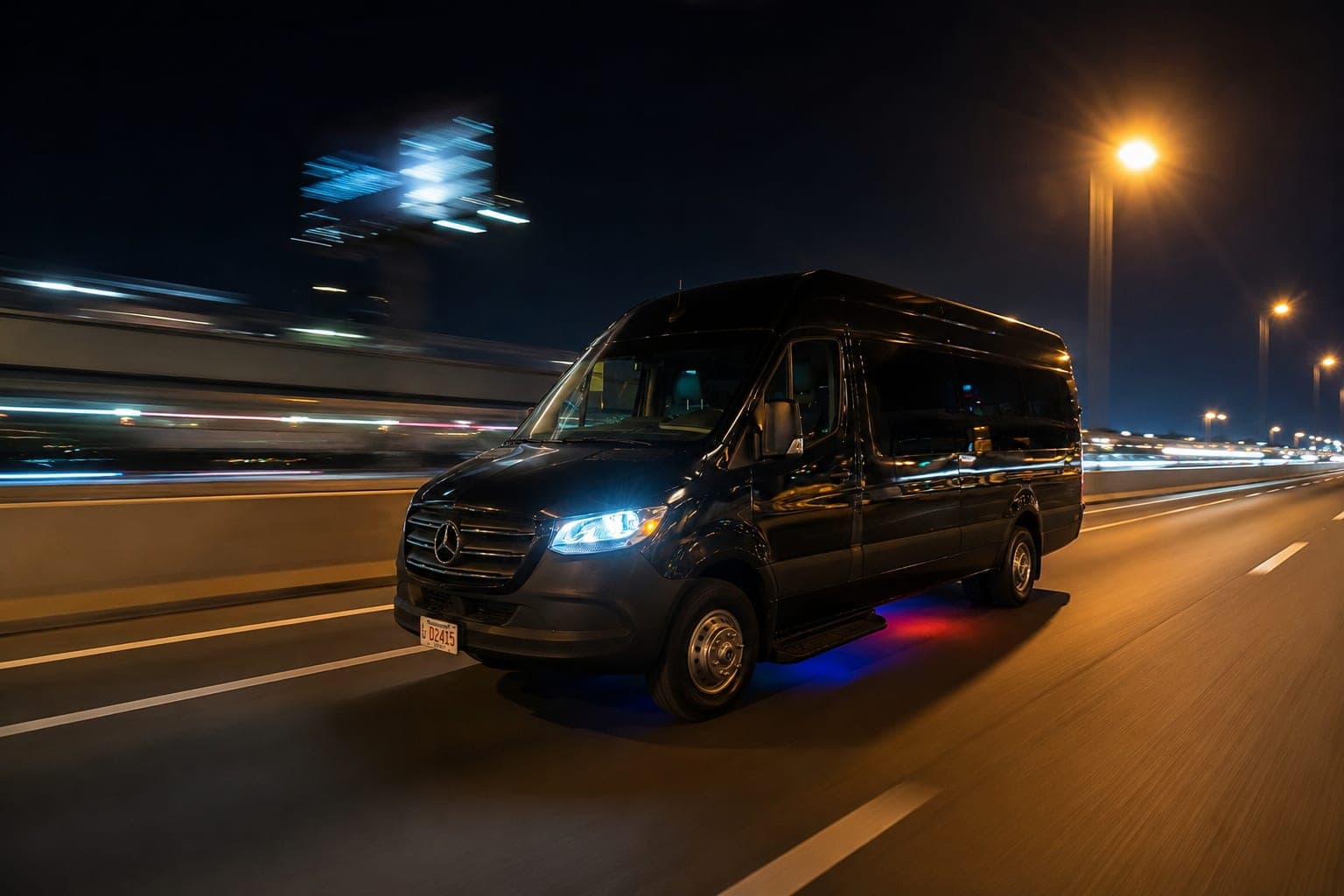 A black Mercedes Sprinter from the El Khourys fleet running on a city highway at night, lit by its headlights and red and blue accent lighting